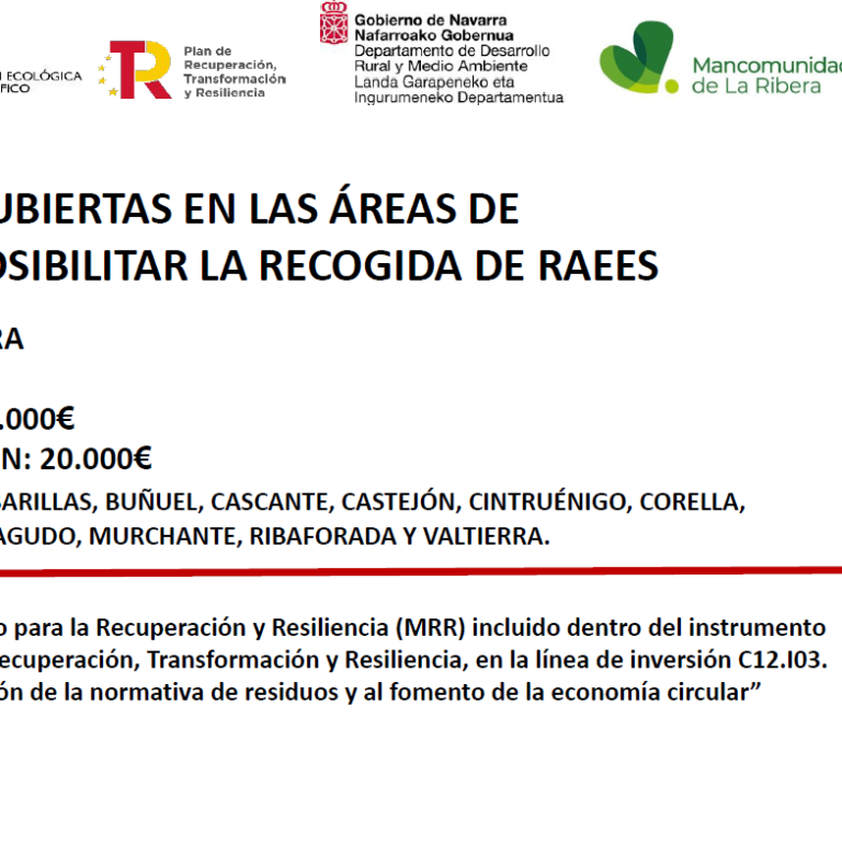 Obra financiada con cargo al Mecanismo para la Recuperación y Resiliencia (MRR) incluido dentro del instrumento financiero NextGenerationEU, Plan de Recuperación, Transformación y Resiliencia, en la línea de inversión C12.I03. “Plan de apoyo a la implementación de la normativa de residuos y al fomento de la economía circular”